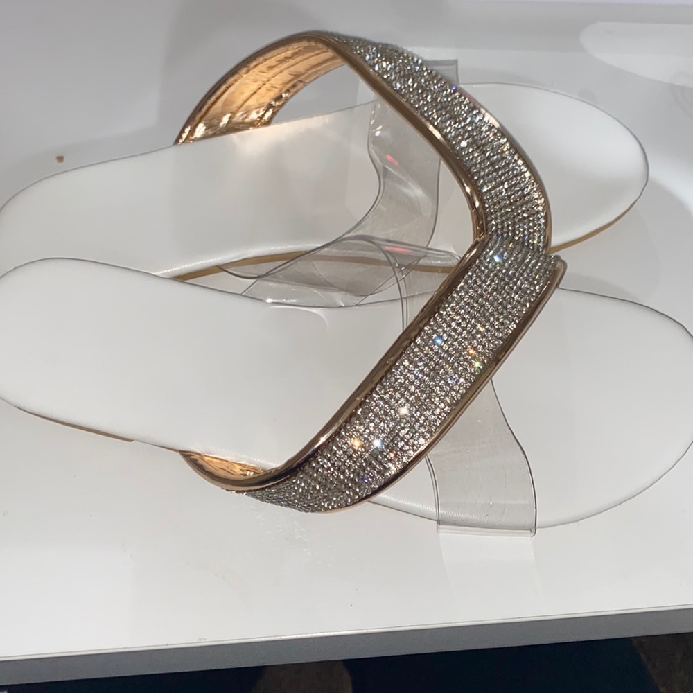 Women’s sandals with cross over strap one side clear one side rhinestone’s